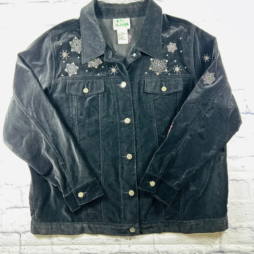 Quacker Factory Black Velvet Snowman Jacket Beaded Snowflake Christmas Large